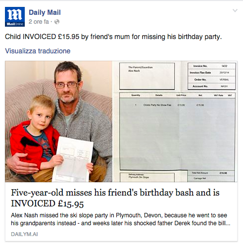 Bimbo salta la festa dell'amichetto. I genitori gli mandano la fattura
