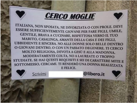 L'annuncio: “Cerco moglie sottomessa e devota a Gesù"