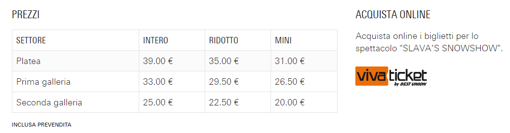 prezzi slava show teatro duse