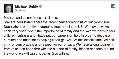 Annuncio choc di Michael Bublé: “Mio figlio ha il cancro"